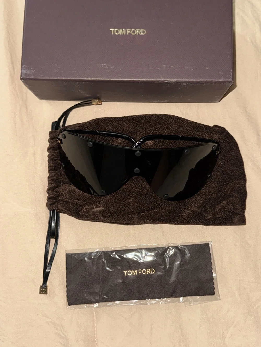 Tom Ford Black Shield Sunglasses with Gold Accents